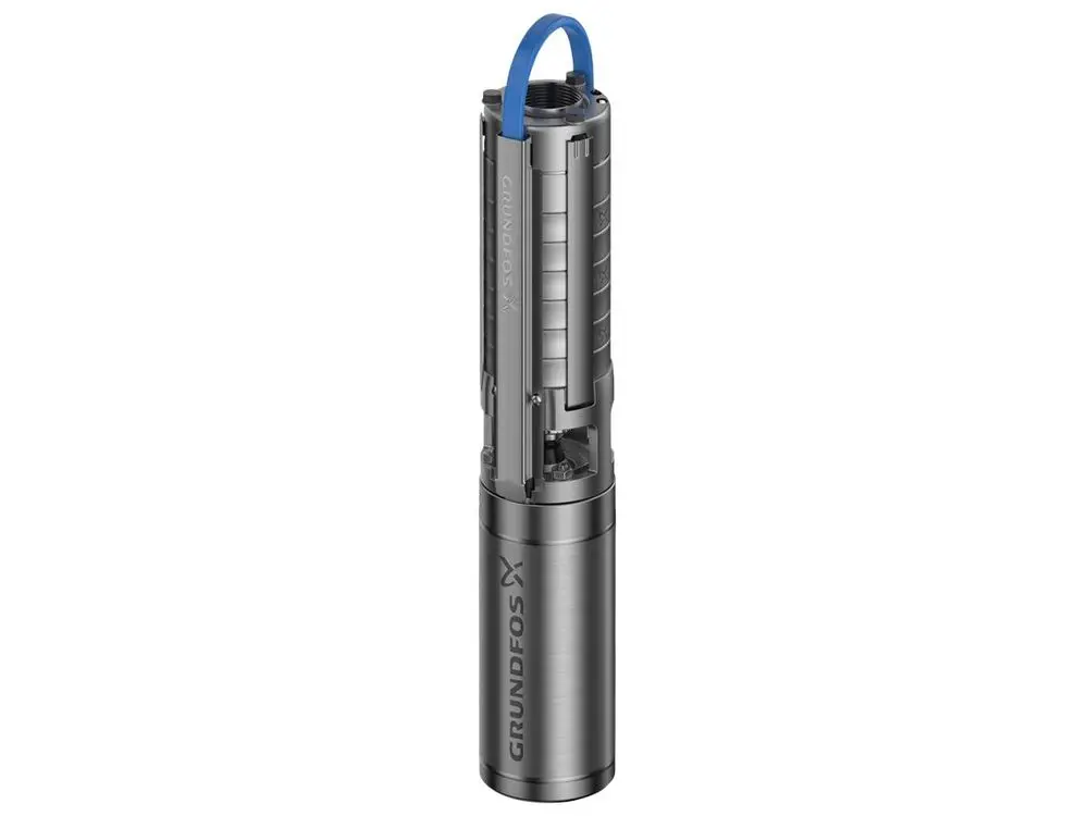 Unterwasserpumpe von Grundfos mit einem robusten, zylindrischen Design und einem blauen Anschluss. Das Produkt eignet sich für den Einsatz in Brunnen.